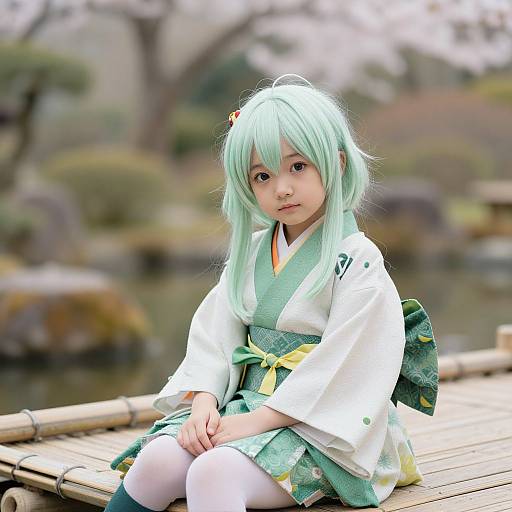 Photograph of a young Asian girl with mint-green hair, wearing a white and green kimono, sitting on a wooden bridge, with a blurred garden