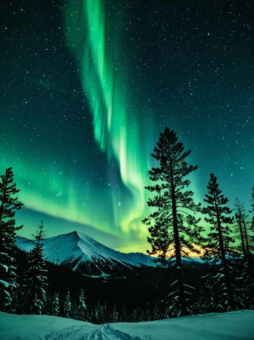 Aurora Borealis Over Snowy Mountain Forest