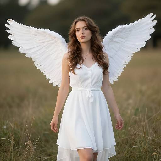 Photograph of a young woman with long brown hair, wearing a white dress and large white angel wings, standing in a grassy field.