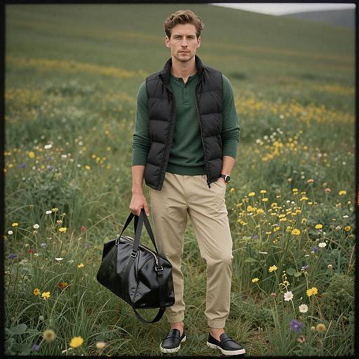 Photograph of a handsome young man with short brown hair, wearing a green polo, black puffer vest, beige pants, and black sneakers, holding