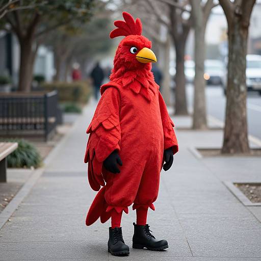 Photograph of a person in a bright red chicken costume with black boots, standing on a city sidewalk with blurred trees and street in the background.