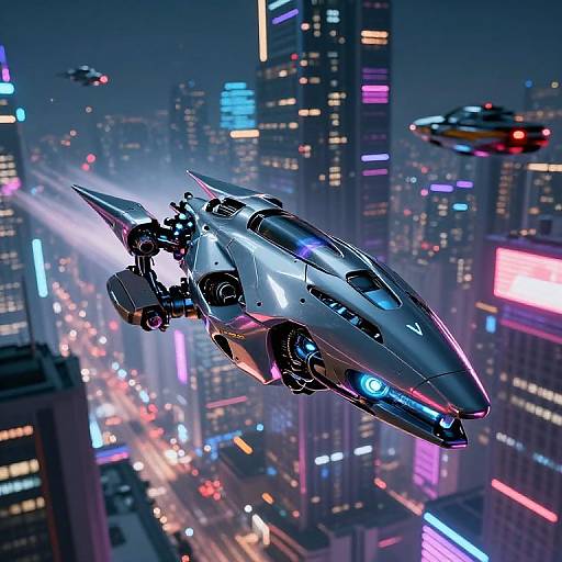 CGI futuristic cityscape at night with sleek, metallic, glowing blue and purple flying jet amidst neon-lit skyscrapers and other hovering vehicles.