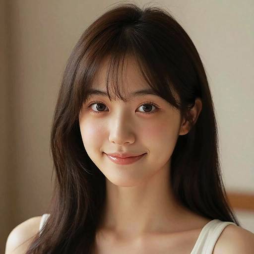 Photograph of a young East Asian woman with long, straight black hair, fair skin, and brown eyes, smiling gently, wearing a white tank top