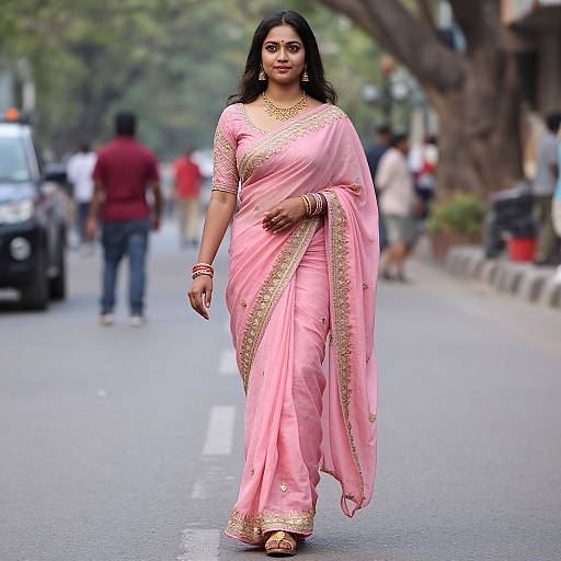 Female Model in Pink Gold Saree