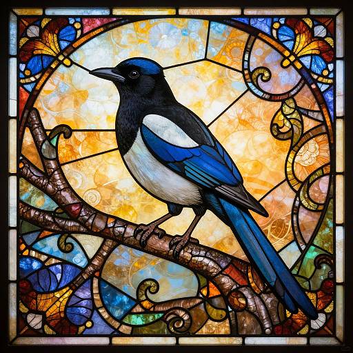 Vibrant stained glass artwork of a blue and white bird perched on a branch, surrounded by swirling patterns and colorful geometric shapes.