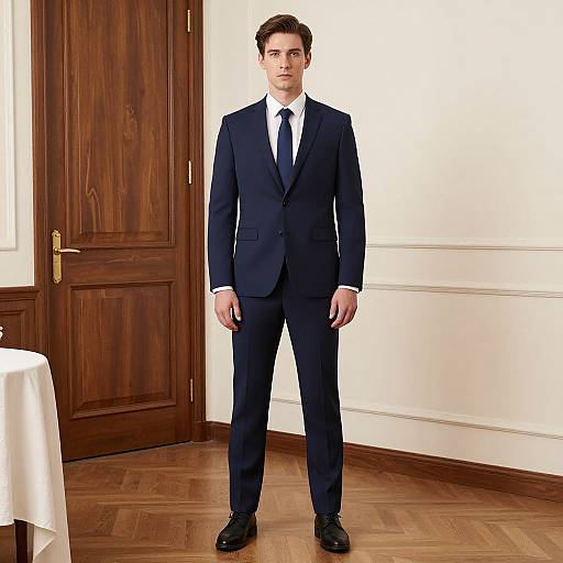 Photograph of a young, Caucasian man with short brown hair, wearing a black suit, white shirt, and black tie, standing in a wooden-f