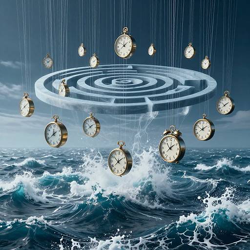 Surreal Floating Clocks Labyrinth Above Ocean
