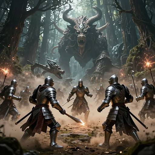 Digital fantasy artwork: Armored knights with swords face a roaring, horned dragon amidst a foggy forest, torches glowing in the background.