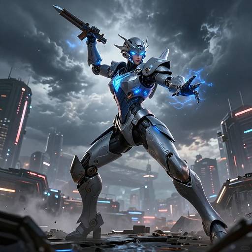 Digital art of a glowing blue, armored robot warrior with glowing eyes, holding a gun, standing in a futuristic, stormy cityscape.