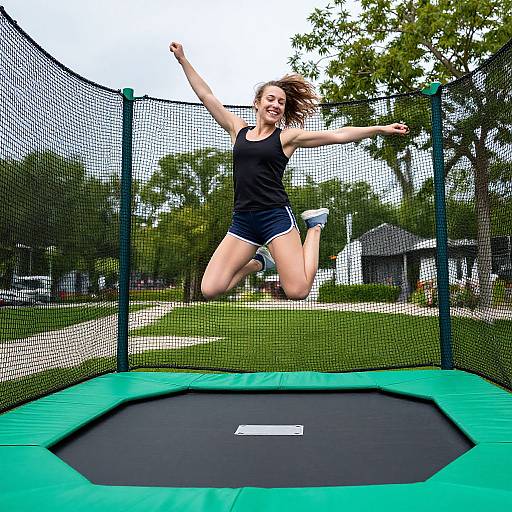 Photograph of a smiling woman with medium-length brown hair, jumping joyfully on a green trampoline in a sunny suburban backyard.