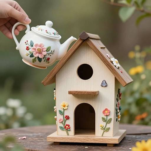Photograph of a hand pouring tea from a floral teapot into a wooden birdhouse adorned with colorful flowers and a small butterfly. Blurred greenery