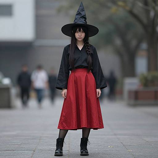 Photograph of an Asian woman in a black witch hat, long black blouse, red high-waisted skirt, black stockings, and boots, standing