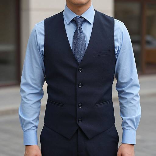 Photograph of a man's torso in a light blue dress shirt, dark blue patterned tie, and black vest, standing outdoors.