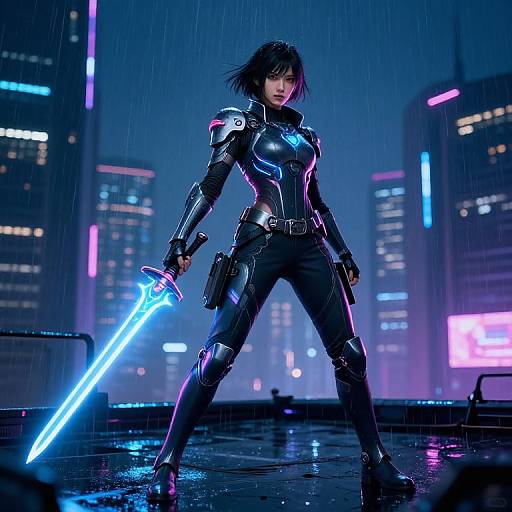 Cyberpunk female warrior with glowing blue sword, black armor, and wet hair stands defiantly in rainy cityscape at night. Digital art.