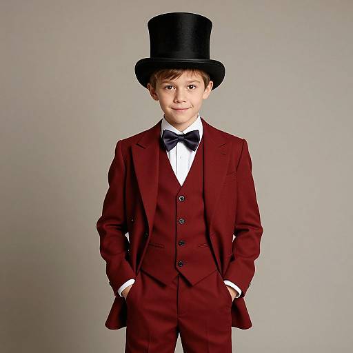 Photograph of a young boy in a red three-piece suit, black bow tie, white shirt, and tall black top hat, standing with hands in