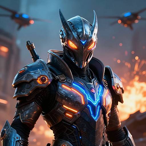 CGI image of a futuristic, armored warrior with glowing orange and blue lights, standing amidst a fiery, war-torn cityscape with helicopters in the
