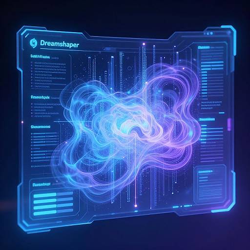 Digital art of a glowing, blue, neon-like dreamcatcher on a high-tech, neon blue interface with technical text and lines.