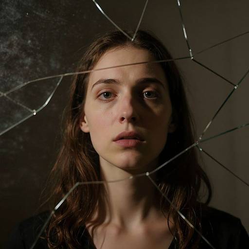 Photograph of a solemn-faced, long-haired woman with fair skin and brown eyes, partially obscured by a shattered glass pane. Dark, moody background