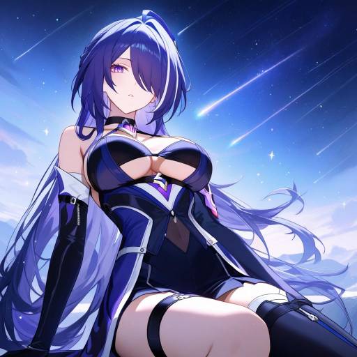 Anime Girl with Long Purple Hair Under Night Sky