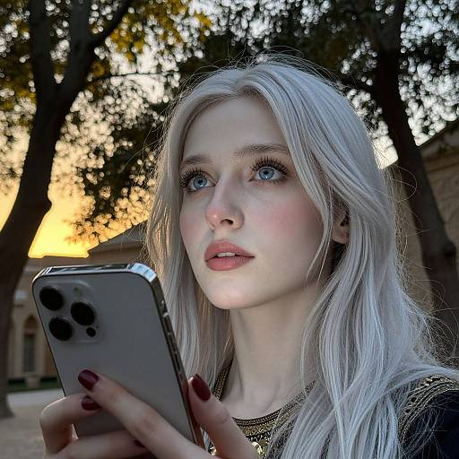 Photograph of a pale-skinned, blue-eyed young woman with long, silver hair, holding a silver iPhone, standing outdoors at sunset, trees and
