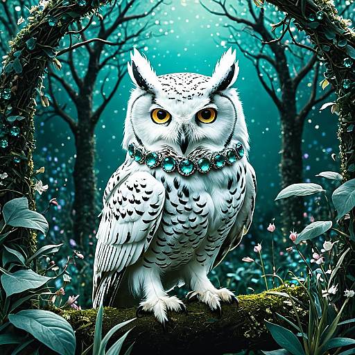 White Owl with Jeweled Collar in Enchanted Garden