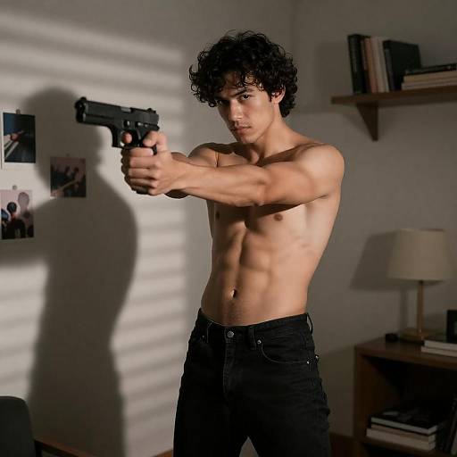 Shirtless Man Aiming Handgun in Sunlit Room