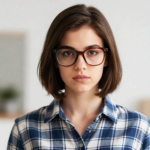 Serious Young Woman in Plaid Shirt