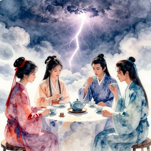 Surreal Watercolor Tea Party Scene