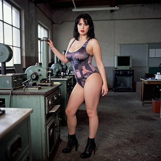 Photograph of a pale-skinned, black-haired woman with red lipstick, wearing a sheer, patterned one-piece swimsuit and black boots, standing