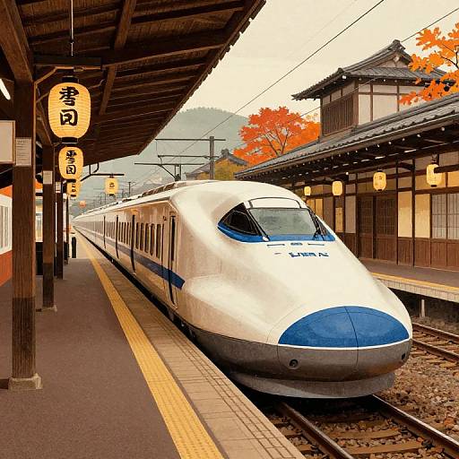Photograph of a sleek white and blue Shinkansen bullet train at a traditional Japanese station with lanterns, autumn leaves, and wooden buildings.
