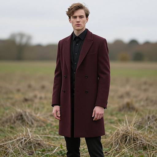 Photograph of a serious young man with fair skin and brown hair, wearing a dark maroon overcoat and black shirt, standing in a grassy