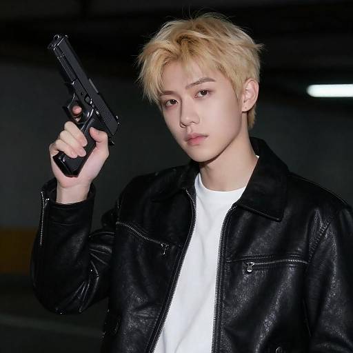 Young Man Aiming Handgun in Dark