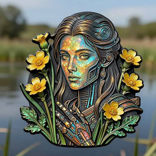 Digital illustration of a glowing, multi-colored woman with intricate hair and armor, surrounded by yellow flowers, set against a blurred nature background.