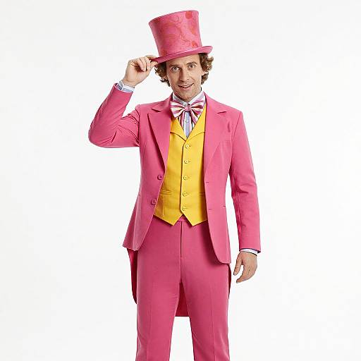 Photograph of a man in a bright pink top hat, pink suit, yellow vest, white shirt, and red bowtie, smiling and adjusting his