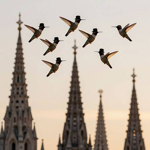 Photograph of six hummingbirds silhouetted against a sunset sky, flying in formation above blurred Gothic spires of a cathedral.