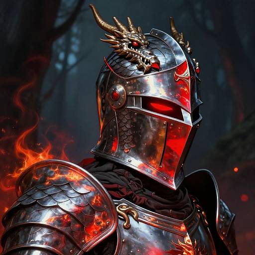 Digital art of a knight in fiery, reflective armor with dragon horns, set against a dark, forested background with glowing embers.