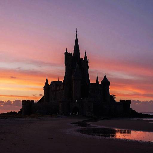 Silhouetted Medieval Castle at Sunset
