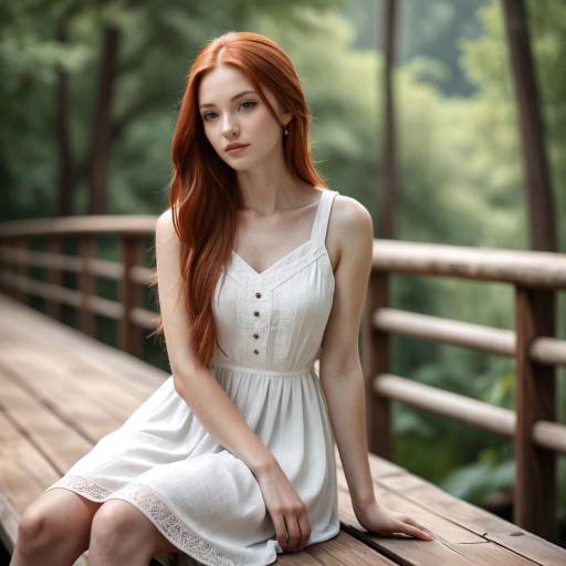 Young Woman in White Sundress Sitting on Wooden Bridge