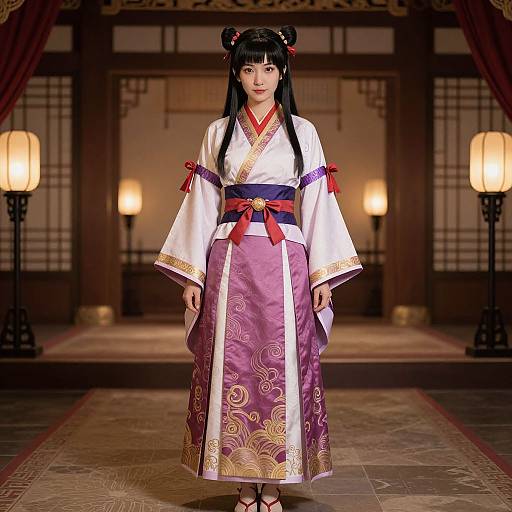 Digital art of an Asian woman in traditional purple and white kimono, black hair in double buns, standing in a dimly lit, ornate