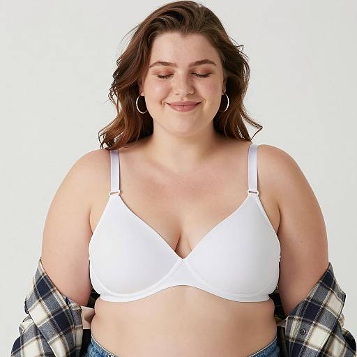 Plus-Sized Woman in White Bra and Plaid Shirt