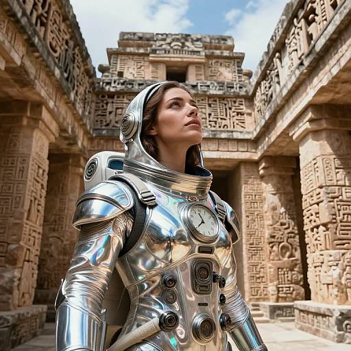 CGI image of a woman in a futuristic, silver metallic suit with a hood, standing in an ancient, sunlit, stone ruin.