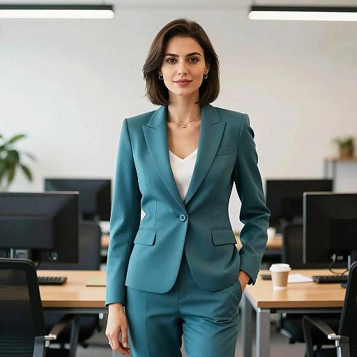 Photograph of a confident woman in a teal suit, white top, and necklace, standing in a modern office with desks and computers in the background.