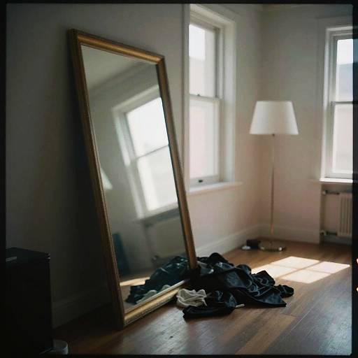 Photograph of a sunlit room with a leaning full-length mirror, clothes on the wooden floor, and a white floor lamp beside two windows.