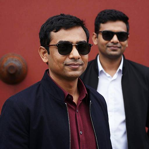 Two Men Posing Against a Red Wall