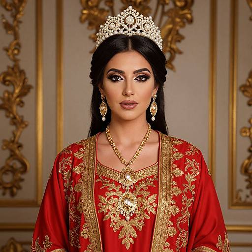 Photograph of a beautiful South Asian woman with dark hair, wearing a gold tiara, red and gold embroidered traditional dress, gold jewelry, and orn