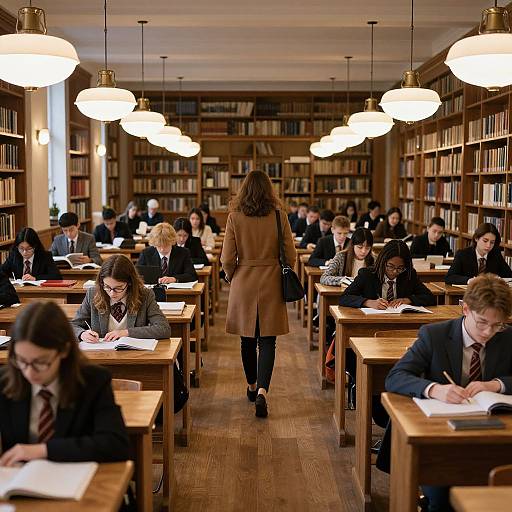 Photograph of a university library with wooden desks, students in dark school uniforms, and a woman in a brown coat walking down the aisle, surrounded by