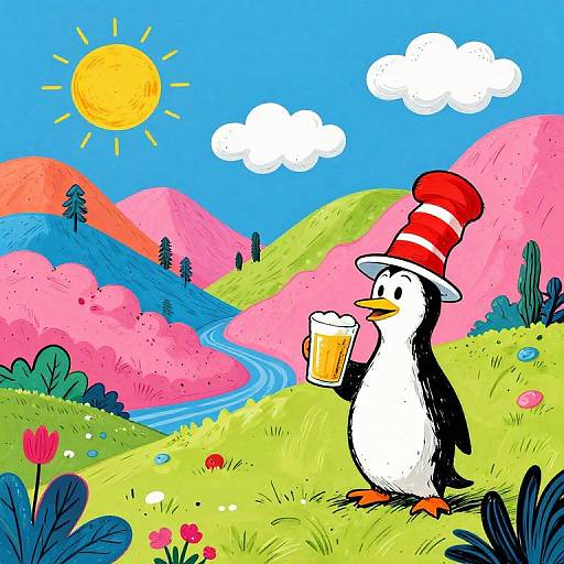 Cartoon penguin in red hat holding beer, stands on vibrant hill with pink mountains, blue river, and bright sun, surrounded by colorful flowers and