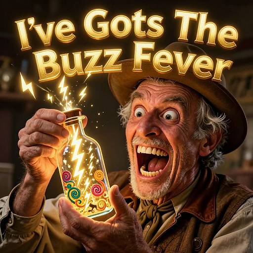 Photograph of an elderly man with wild eyes, white hair, and beard, holding a glowing, colorful bottle, shouting 