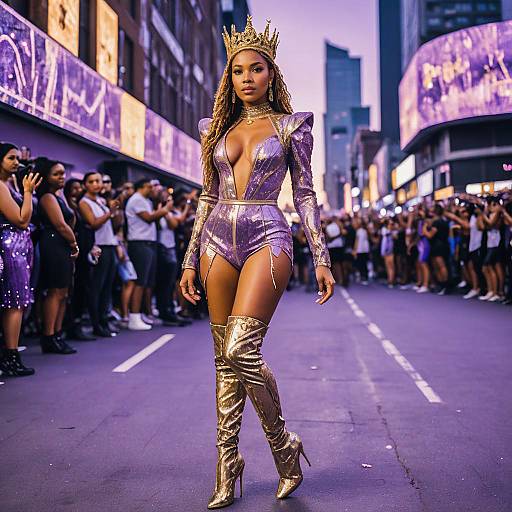 Glamorous Woman in Lavender Sequined Bodysuit and Gold Boots