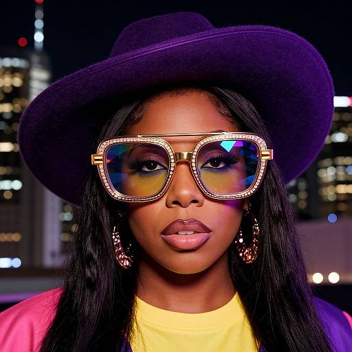 Photograph of a Black woman with dark skin, wearing a purple hat, gold-rimmed reflective sunglasses, yellow top, pink jacket, and pink
